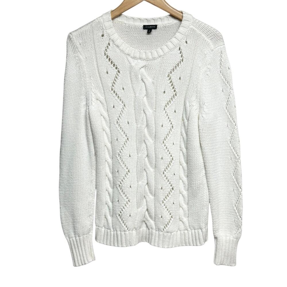 Talbots Pullover Cotton Blend Crewneck Cable Knit Sweater Ivory Size Medium